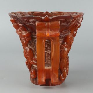 Chinese Exquisite Hand - carved Dragon brave troops carving OX horn cup 3