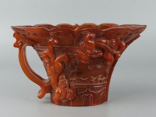 Chinese Exquisite Hand - carved Dragon brave troops carving OX horn cup 4