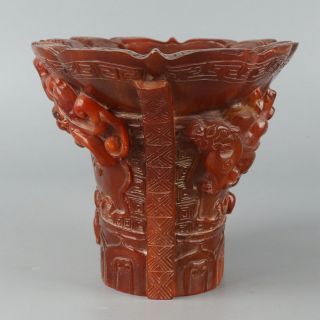 Chinese Exquisite Hand - carved Dragon brave troops carving OX horn cup 5