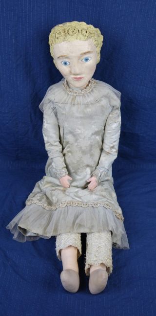 Antique Hand Made Folk Art Primitive Hand Made Plaster Head Doll Wedding Dress