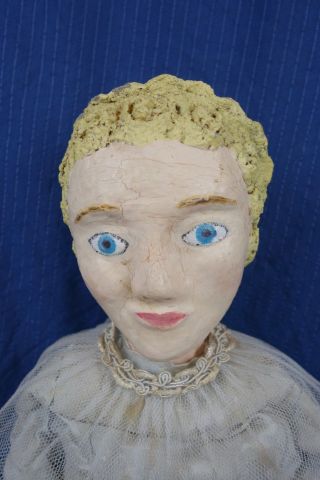 Antique Hand Made Folk Art Primitive Hand Made Plaster Head Doll Wedding Dress 2