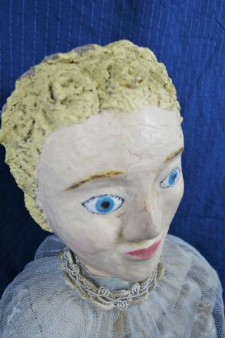 Antique Hand Made Folk Art Primitive Hand Made Plaster Head Doll Wedding Dress 3