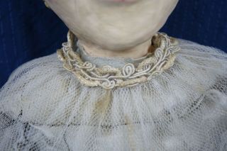 Antique Hand Made Folk Art Primitive Hand Made Plaster Head Doll Wedding Dress 7