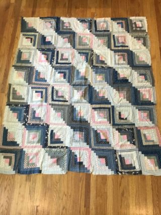 Antique Log Cabin Quilt Top 73x65 Hand Sewn On Muslin Back