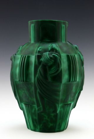 Fantastic Art Deco H G Schlevogt Ingrid Figural Maiden Green Malachite Vase 3