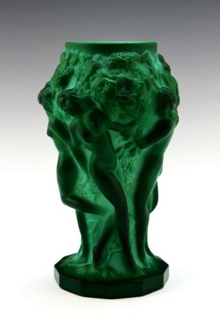 Glamorous French Art Deco Jade Malachite Nude Figural Vase