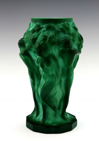 Glamorous French Art Deco Jade Malachite Nude Figural Vase 2