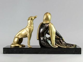 1920 CHRYSELEPHANTINE ART DECO SCULPTURE lady with barzoi by MENNEVILLE.  SIGNED 12