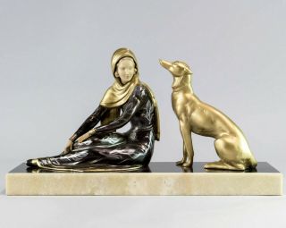 1920 Chryselephantine Art Deco Sculpture Lady With Barzoi By Menneville.  Signed