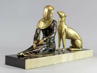 1920 CHRYSELEPHANTINE ART DECO SCULPTURE lady with barzoi by MENNEVILLE.  SIGNED 2