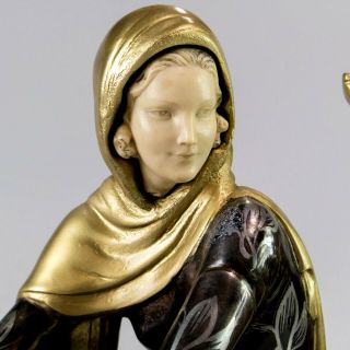 1920 CHRYSELEPHANTINE ART DECO SCULPTURE lady with barzoi by MENNEVILLE.  SIGNED 3