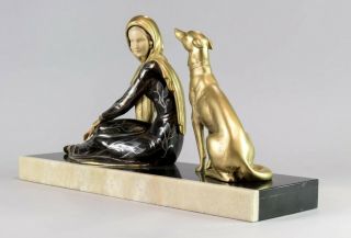 1920 CHRYSELEPHANTINE ART DECO SCULPTURE lady with barzoi by MENNEVILLE.  SIGNED 7