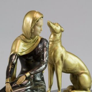 1920 CHRYSELEPHANTINE ART DECO SCULPTURE lady with barzoi by MENNEVILLE.  SIGNED 8