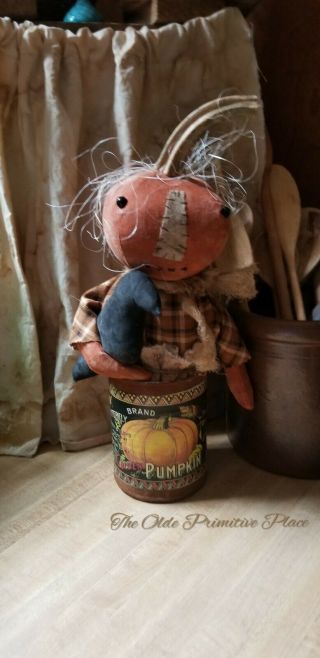 Primitive Pumpkin Can Doll With Her Crow With Vintage Label