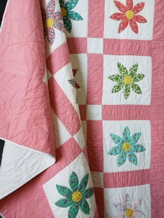 Charming Daisies Vintage COTTAGE Pink Applique Daisy QUILT 87x76 