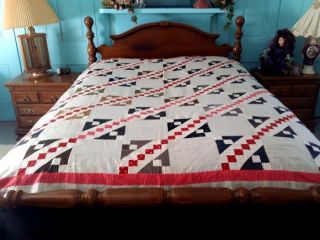 Antique Fabric Quilt Top Jacobs Ladder Turkey Red Indigo Blue Cotton 73 " X 82 "