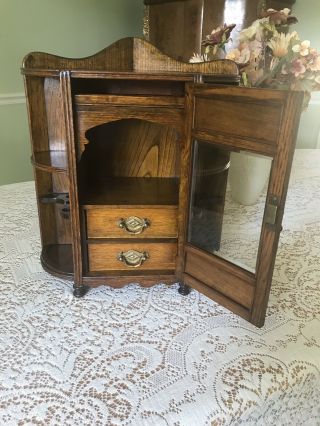 Vintage Antique English Victorian Oak Tobacco Corner Cabinet Case 