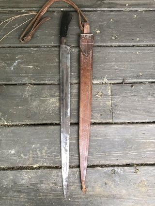 Antique Philippines ? Sword Filipino Machete Knife With Leather Scabbard 26”