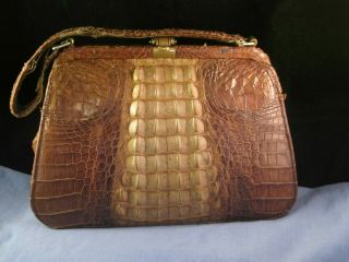 Early 1900s Vintage Art Croc Skin Alligator Hornback Leather Handbag Bag