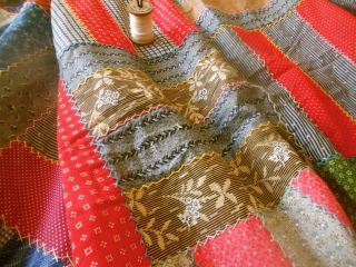 Antique Brick Road Patchwork Calico Cotton Fabric Quilt Top Red Indigo Brown 3
