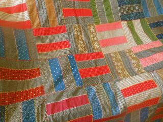 Antique Brick Road Patchwork Calico Cotton Fabric Quilt Top Red Indigo Brown 5