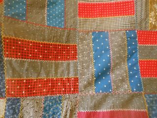 Antique Brick Road Patchwork Calico Cotton Fabric Quilt Top Red Indigo Brown 6