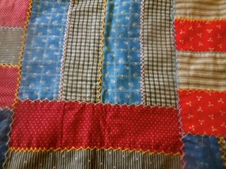 Antique Brick Road Patchwork Calico Cotton Fabric Quilt Top Red Indigo Brown 8