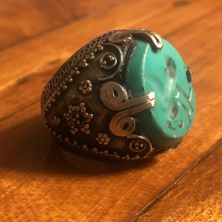 Medieval Style Islamic Ring Turquoise Intaglio Signet Big Seal Stone Silver Tone