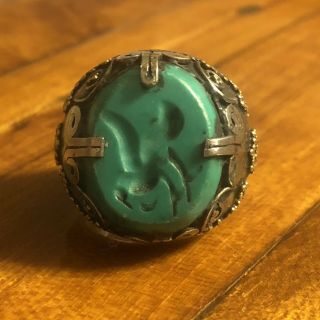 Medieval Style Islamic Ring Turquoise Intaglio Signet Big Seal Stone Silver Tone 2