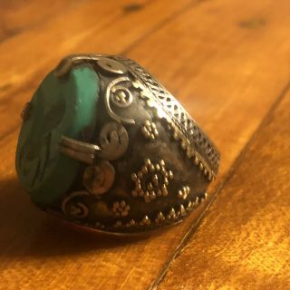Medieval Style Islamic Ring Turquoise Intaglio Signet Big Seal Stone Silver Tone 4
