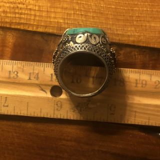 Medieval Style Islamic Ring Turquoise Intaglio Signet Big Seal Stone Silver Tone 5