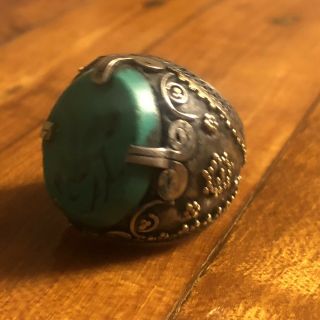 Medieval Style Islamic Ring Turquoise Intaglio Signet Big Seal Stone Silver Tone 7
