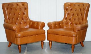 Tan Brown Leather Chesterfield Buttoned Comfortable Wingback Armchairs