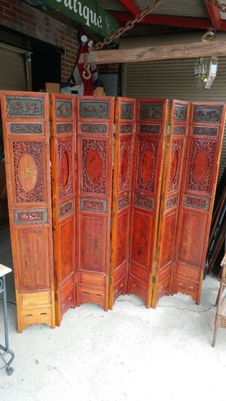Antique Asian 7 Panel Carved Wood Dressing Screen Room Divider -