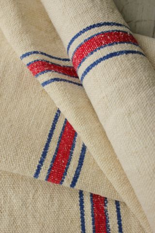 Antique Grain Sack Fabric Hemp Linen Bolt 2.  77 Yards Blue & Red Center Stripes