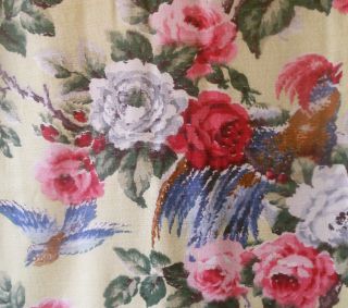 Vintage Romantic Birds And Roses Barkcloth Weave Fabric Pink Red Blue Yellow