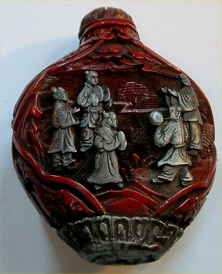 OLD ORIENTAL SNUFF / SCENT BOTTLE CARVED DEEP RED.  PERFECT,  NO CHIPS,  TOP 2