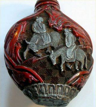 OLD ORIENTAL SNUFF / SCENT BOTTLE CARVED DEEP RED.  PERFECT,  NO CHIPS,  TOP 5