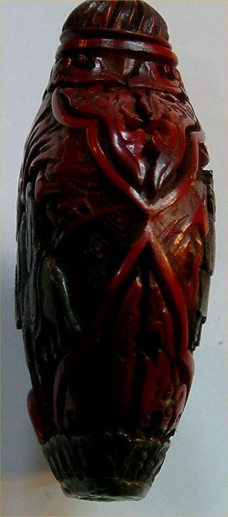 OLD ORIENTAL SNUFF / SCENT BOTTLE CARVED DEEP RED.  PERFECT,  NO CHIPS,  TOP 6