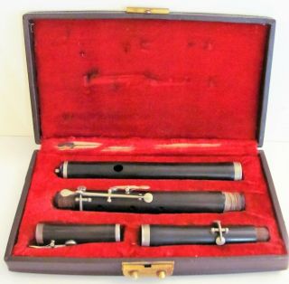 Antique Dark Wood Flute With Case 5 Nickel Keys Unbranded 24 " Long 4 Sections