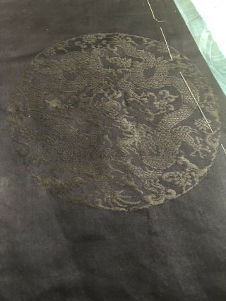 Antique 19th Century Unfinished Chinese Black Silk Damask Dragon Roundel Robe 10