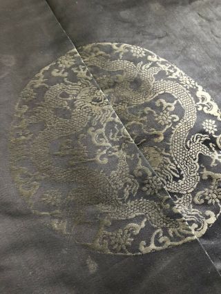 Antique 19th Century Unfinished Chinese Black Silk Damask Dragon Roundel Robe 6