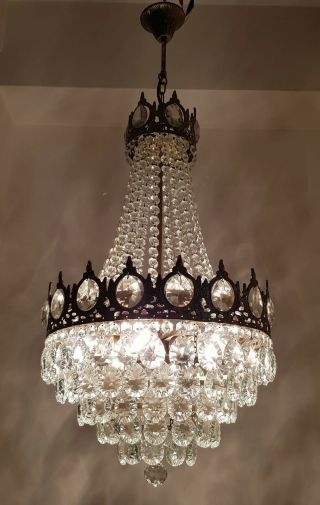 Antique Vintage Brass & Rare Crystals Large French Chandelier Lighting Ceiling