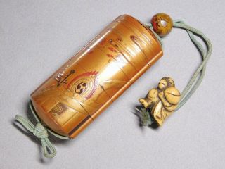 Gold Makie Inro W Monkey Netsuke & Ojime 19thc Japan Edo Meiji Antique