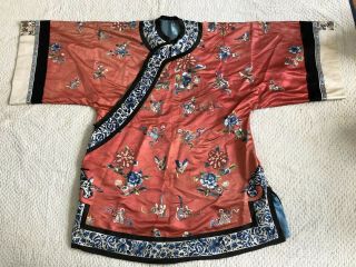 Antique Chinese Embroidered Silk Robe Florals Flowered Vase Sleevebands Qing