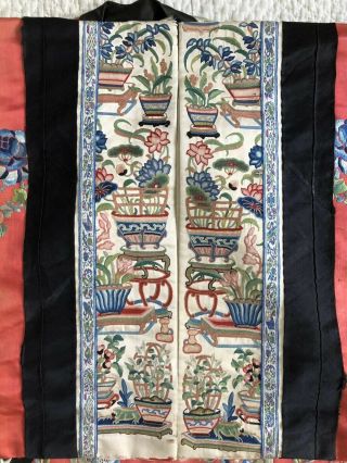 Antique Chinese Embroidered Silk Robe Florals Flowered Vase Sleevebands Qing 2