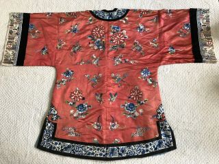 Antique Chinese Embroidered Silk Robe Florals Flowered Vase Sleevebands Qing 3