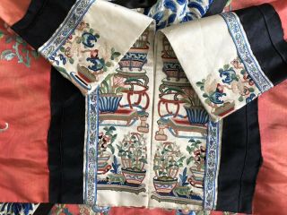 Antique Chinese Embroidered Silk Robe Florals Flowered Vase Sleevebands Qing 6