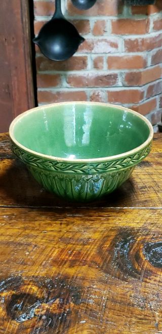 Vintage Stoneware Mixing Bowl,  Crock,  Green,  5 - 1/2 X 9 - 1/2,  Color 9