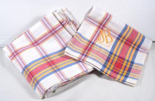 Vintage French Pure Cotton Blue Red Gold Striped Checked Table Napkins X 6 Nos